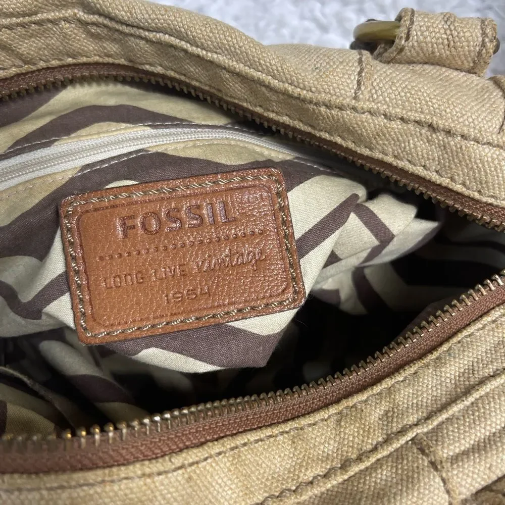 Fossil long live vintage khaki burlap Boston bag with leather tan straps .